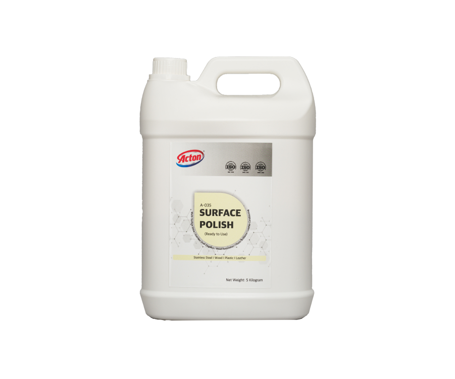 White plastic container of all-purpose surface polish with a handle. Label features brand name and product details. Simple and clean design.